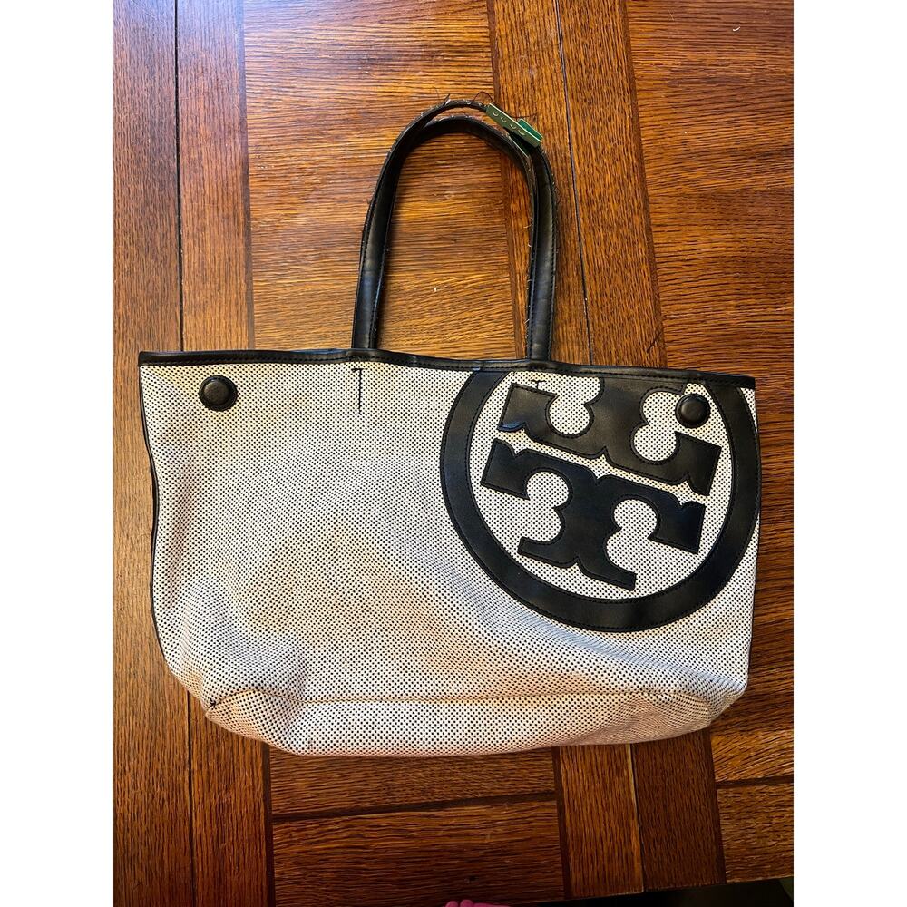 Tory Burch Lonnie Large Perforated Canvas Mesh Logo Tote Bag White Black - Picture 10 of 12